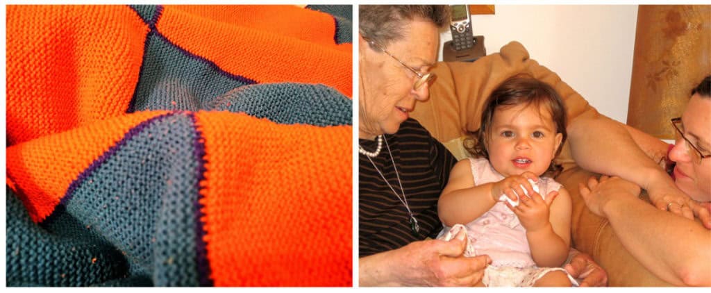 קולאז של שמיכת טלאים סרוגה בצבעי כתום וכחול לצד תמונה של סבתא מחייכת לנכדה תינוקת