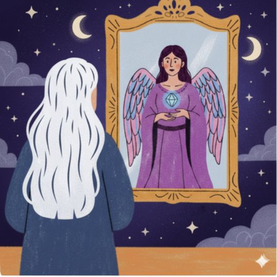 אישה מביטה במראה ורואה השתקפות של דמות מלאכית עם כנפיים ויהלום זוהר, ייצוג ויזואלי של גילוי עצמי בסדנת "לכתוב את המיתוס שלך" מאת מאיה וקסלר.