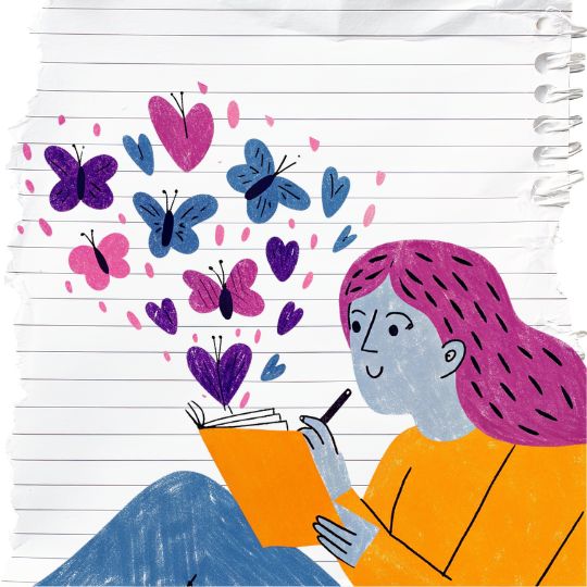 סדנת כתיבה לחוסן רגשי-איור של אישה כותבת במחברת עם פרפרים ולבבות - למידע והרשמה