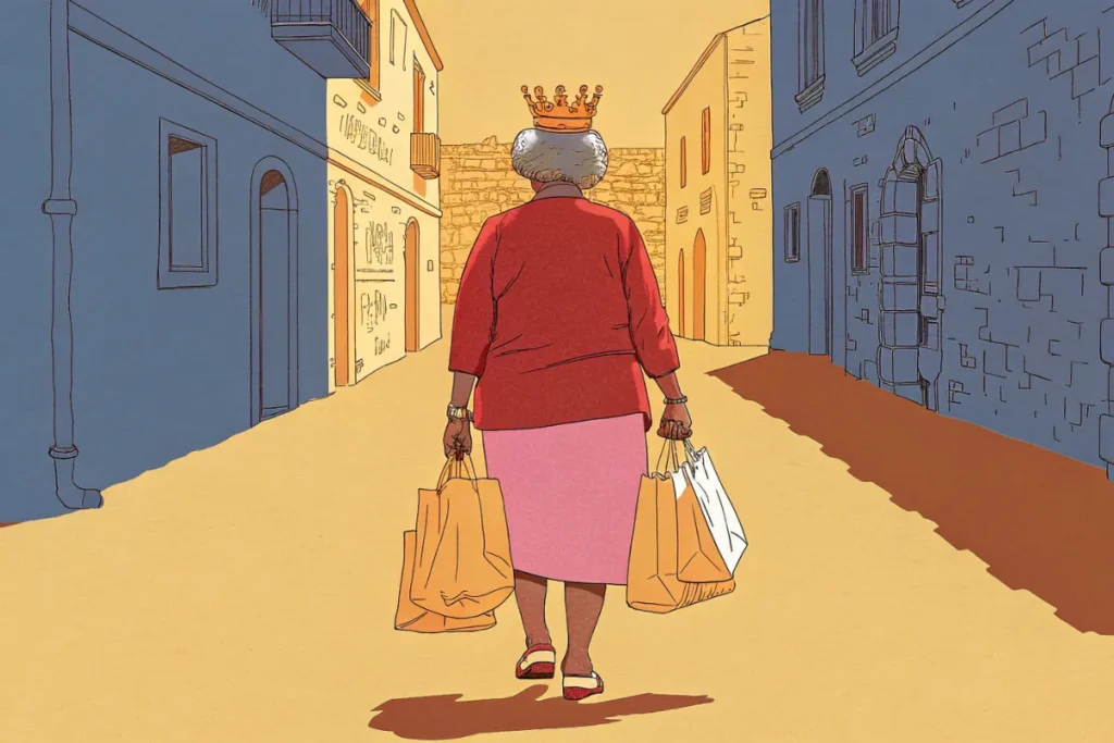 איור מקורי לסיפור הקצר 'זהב' מאת מאיה וקסלר – אישה צועדת בסמטה צבעונית, מבט מאחור, עונדת כתר לראשה ונושאת סלי קניות בידיה