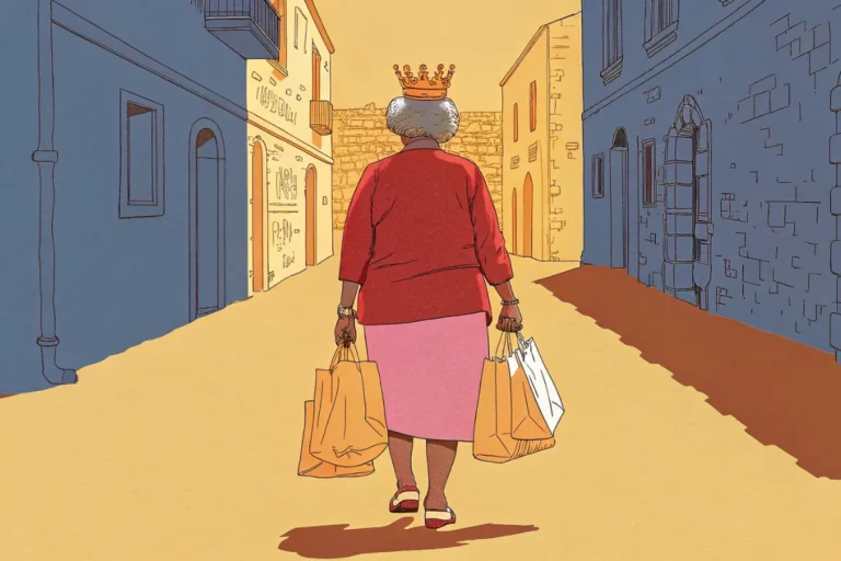 איור מקורי לסיפור הקצר 'זהב' מאת מאיה וקסלר – אישה צועדת בסמטה צבעונית, מבט מאחור, עונדת כתר לראשה ונושאת סלי קניות בידיה