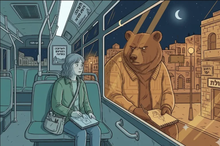 נערה יושבת לבד באוטובוס לילי ריק בירושלים, ובחלון משתקף דוב גדול לבוש מעיל המצייר בספר סקיצות. איור לסיפור הקצר אלישע מופיע שוב