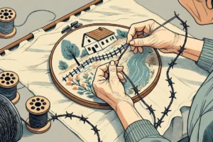 איור של ידיים זקנות רוקמות נוף כפרי אידילי בתוך כן רקמה, בזמן שחוט התפירה הופך לתיל קוצים מסביב