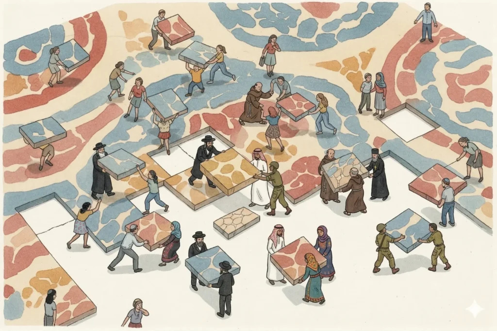 איור של דמויות זעירות ומגוונות בונות יחד פסיפס ענק של מפת ירושלים, כל אחת נושאת אבן אחרת למקומה