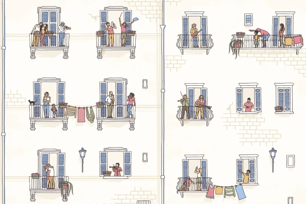 שלושה חלונות מוארים בבניין בלילה — כל חלון עולם אחר: בחלון אחד צלליות של שני אנשים עם כלי נגינה, בשני גבר לבד מול מסך, בשלישי אישה זקנה וצעירה מרוחקות זו מזו באותו חדר. מבט מבחוץ, מהרחוב. האור חם, הקור בחוץ מורגש. סגנון: איור עדין, קווי, לא צילומי — בהשראת פרנצי פצולד.