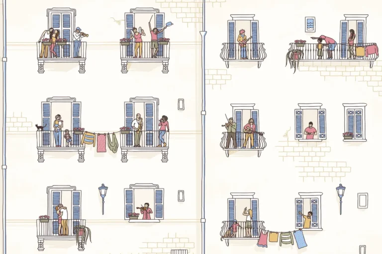 שלושה חלונות מוארים בבניין בלילה — כל חלון עולם אחר: בחלון אחד צלליות של שני אנשים עם כלי נגינה, בשני גבר לבד מול מסך, בשלישי אישה זקנה וצעירה מרוחקות זו מזו באותו חדר. מבט מבחוץ, מהרחוב. האור חם, הקור בחוץ מורגש. סגנון: איור עדין, קווי, לא צילומי — בהשראת פרנצי פצולד.