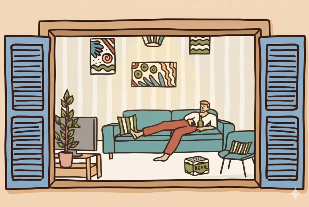 איור של גבר שוכב לבד על ספה בדירה ומביט בטלוויזיה, חתול לרגליו