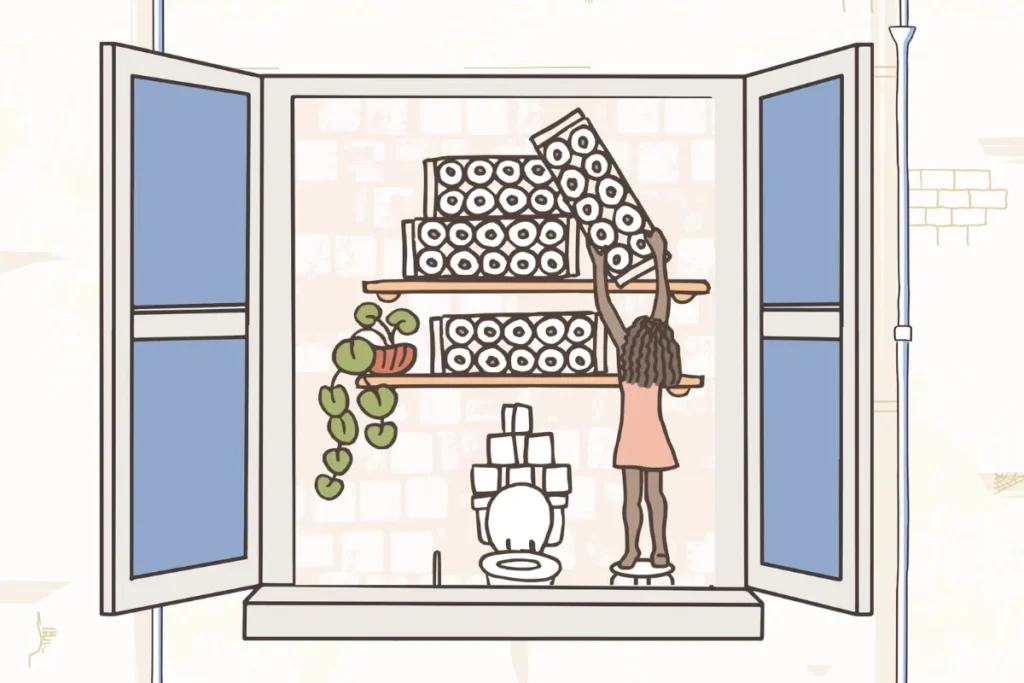 איור של אישה עומדת בשירותים מול מדף עמוס גלילי נייר טואלט בסגר