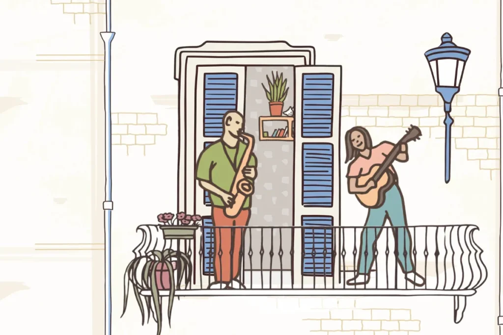 איור של שני מוזיקאים מנגנים יחד על מרפסת בסגר, אחד בסקסופון ואחד בגיטרה
