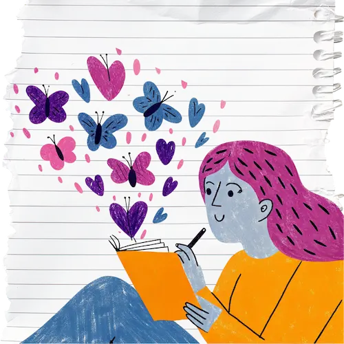 איור של אישה כותבת ביומן עם פרפרים ולבבות צבעוניים המייצגים צמיחה וביטוי רגשי - מתוך סדנת כתיבה וחוסן של מאיה וקסלר