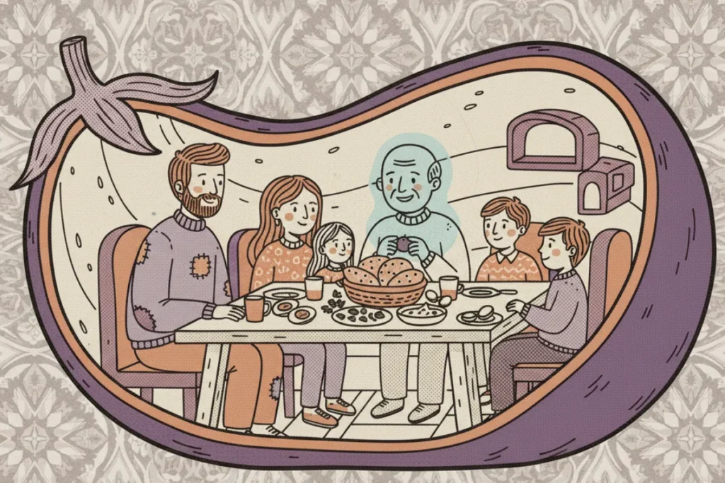 משפחה יושבת סביב שולחן ארוחת בוקר עמוס מאכלים, עטופה בצורת חציל גדול — איור בסגנון ספר ילדים לפוסט על הספר "סבא סביח"