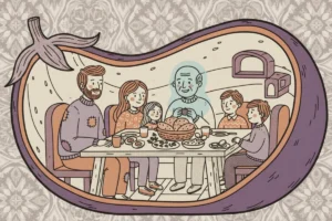 משפחה יושבת סביב שולחן ארוחת בוקר עמוס מאכלים, עטופה בצורת חציל גדול — איור בסגנון ספר ילדים לפוסט על הספר "סבא סביח"