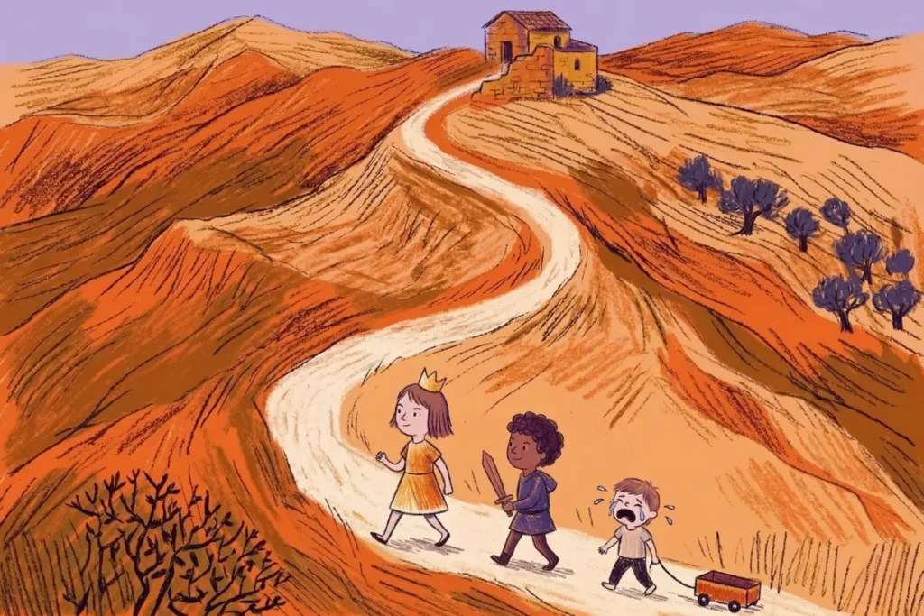 שלושה ילדים צועדים בדרך מפותלת — הבכורה עם כתר בראשה מובילה, האמצעי עם חרב הולך בעקבותיה, והקטן בוכה מאחור וגורר עגלה. איור בסגנון ספר ילדים