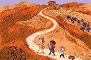 שלושה ילדים צועדים בדרך מפותלת — הבכורה עם כתר בראשה מובילה, האמצעי עם חרב הולך בעקבותיה, והקטן בוכה מאחור וגורר עגלה. איור בסגנון ספר ילדים