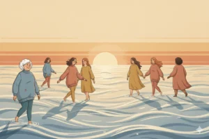 נשים צועדות לעבר שקיעה על רקע ים ושמיים ורודים: איור דיגיטלי בסגנון מינימליסטי וחם